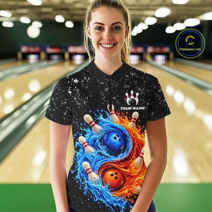 Personalized Water And Fire Bowling Polo, 1/4 Zip Shirts For Women Custom Bowling Team Jersey TDM8071