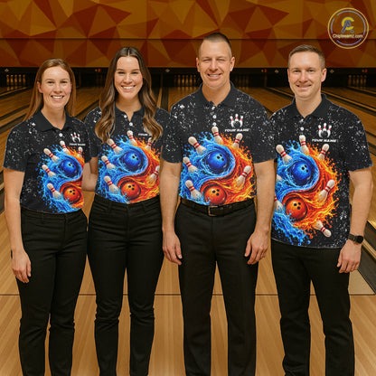 Personalized Water And Fire Bowling Polo, 1/4 Zip Shirts For Women Custom Bowling Team Jersey TDM8071