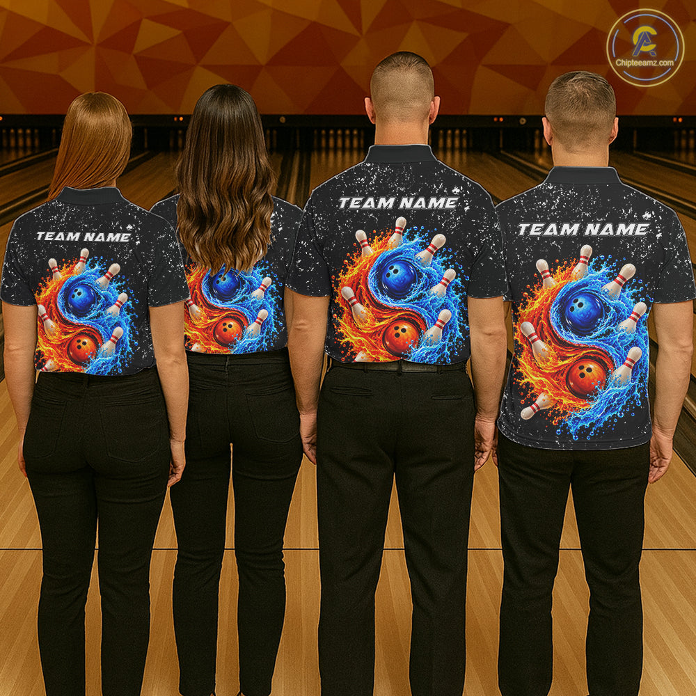 Personalized Water And Fire Bowling Polo, 1/4 Zip Shirts For Women Custom Bowling Team Jersey TDM8071