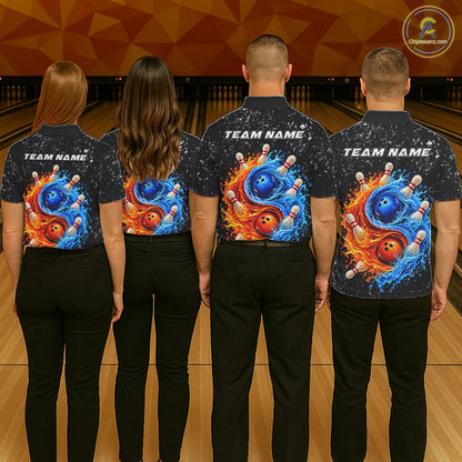 Personalized Water And Fire Bowling Polo, 1/4 Zip Shirts For Women Custom Bowling Team Jersey TDM8071