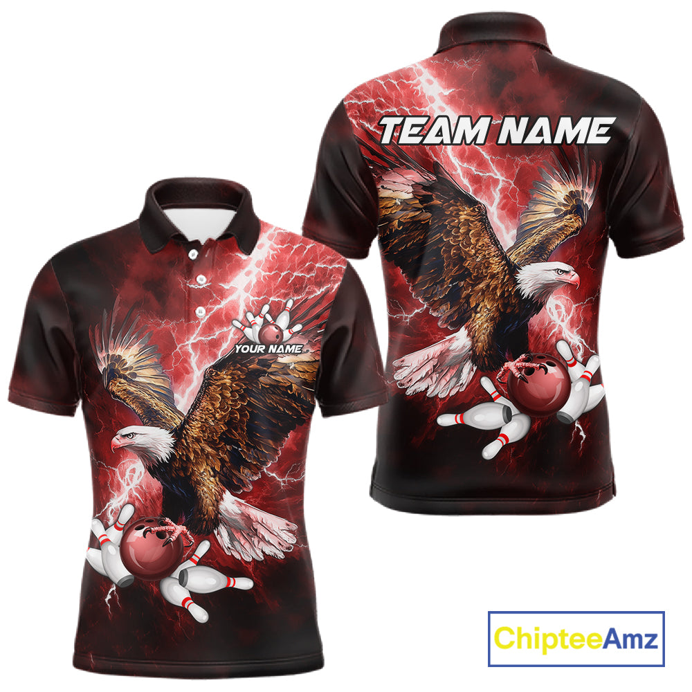 Red Lightning Thunder Custom Eagle Bowling Shirts For Men, Bowling Team Jersey Polo & 1/4 Zip TDM8072