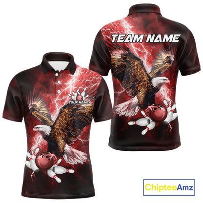 Red Lightning Thunder Custom Eagle Bowling Shirts For Men, Bowling Team Jersey Polo & 1/4 Zip TDM8072