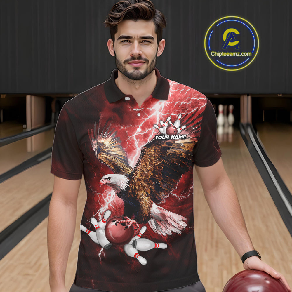 Red Lightning Thunder Custom Eagle Bowling Shirts For Men, Bowling Team Jersey Polo & 1/4 Zip TDM8072