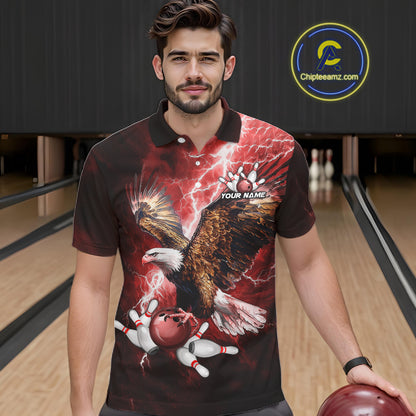 Red Lightning Thunder Custom Eagle Bowling Shirts For Men, Bowling Team Jersey Polo & 1/4 Zip TDM8072