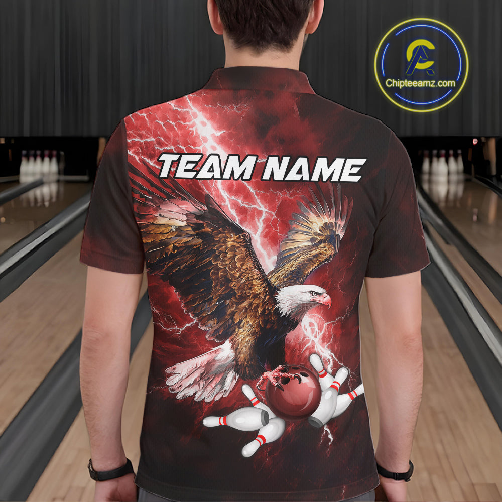 Red Lightning Thunder Custom Eagle Bowling Shirts For Men, Bowling Team Jersey Polo & 1/4 Zip TDM8072