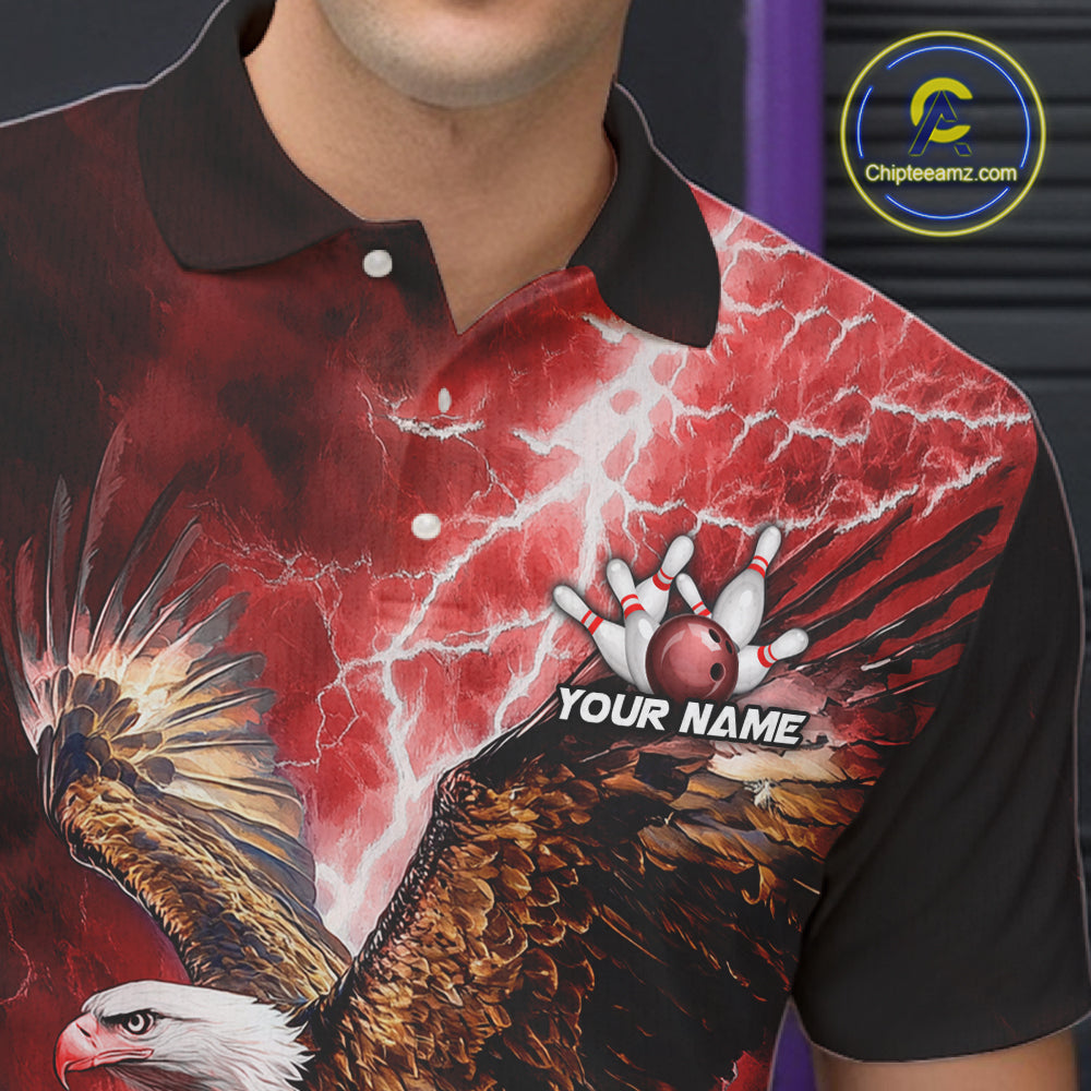Red Lightning Thunder Custom Eagle Bowling Shirts For Men, Bowling Team Jersey Polo & 1/4 Zip TDM8072