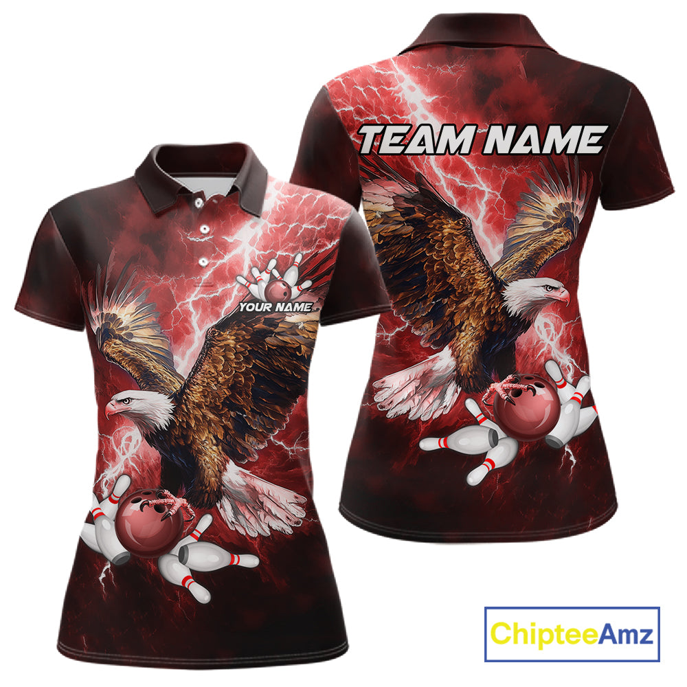 Red Lightning Thunder Custom Eagle Bowling Shirts For Women, Bowling Team Jersey Polo & 1/4 Zip TDM8072