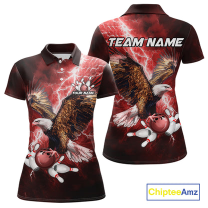 Red Lightning Thunder Custom Eagle Bowling Shirts For Women, Bowling Team Jersey Polo & 1/4 Zip TDM8072