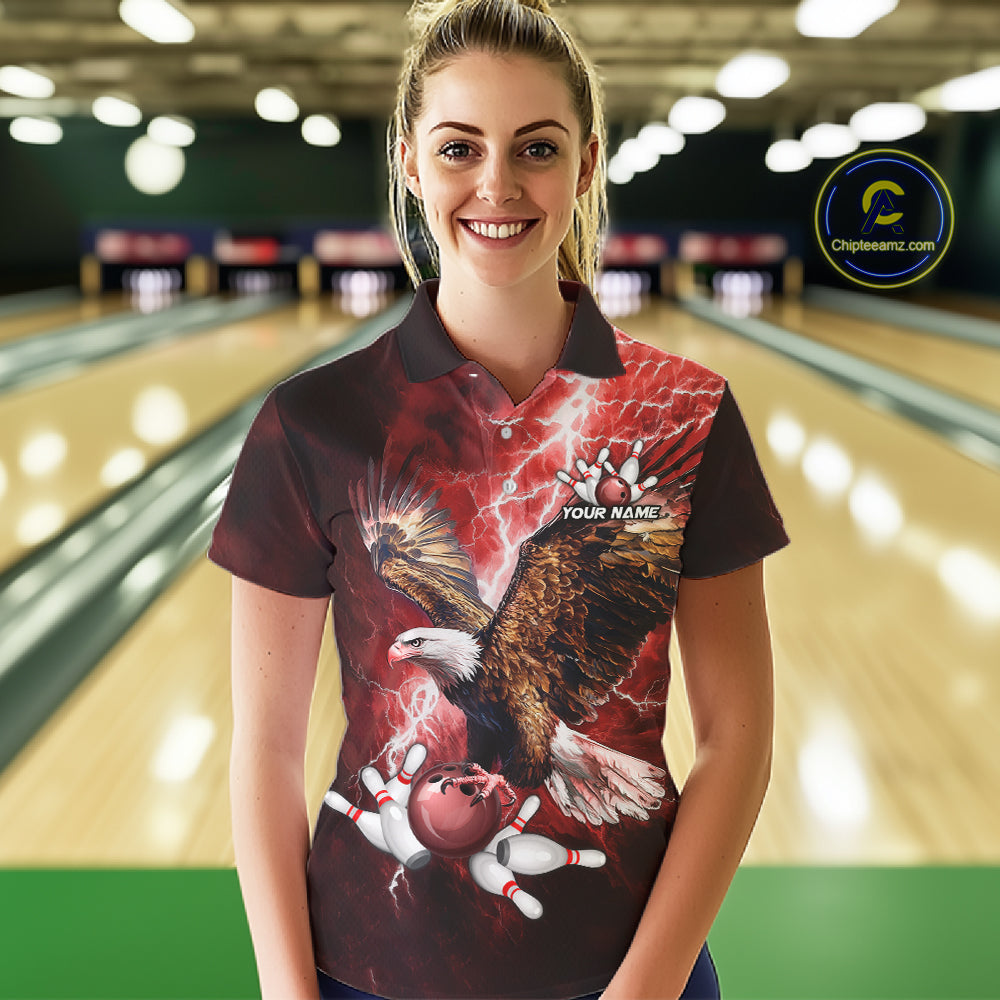 Red Lightning Thunder Custom Eagle Bowling Shirts For Women, Bowling Team Jersey Polo & 1/4 Zip TDM8072