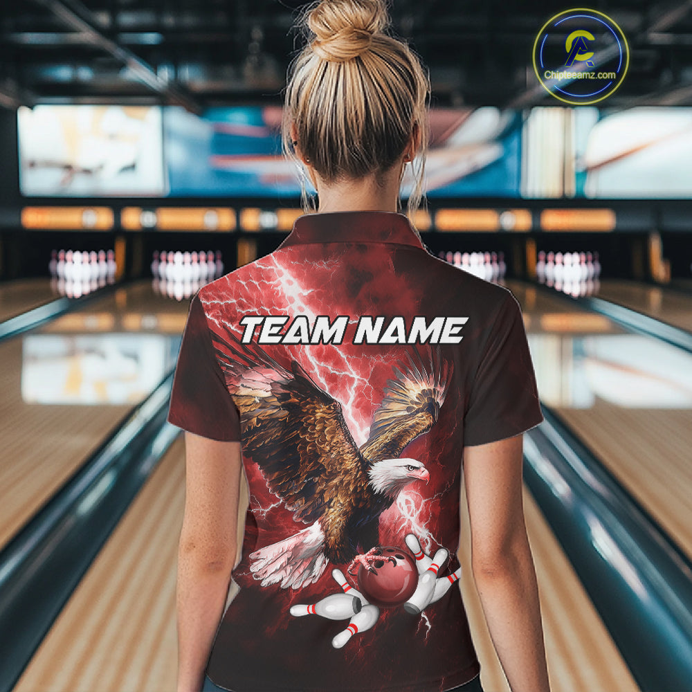Red Lightning Thunder Custom Eagle Bowling Shirts For Women, Bowling Team Jersey Polo & 1/4 Zip TDM8072