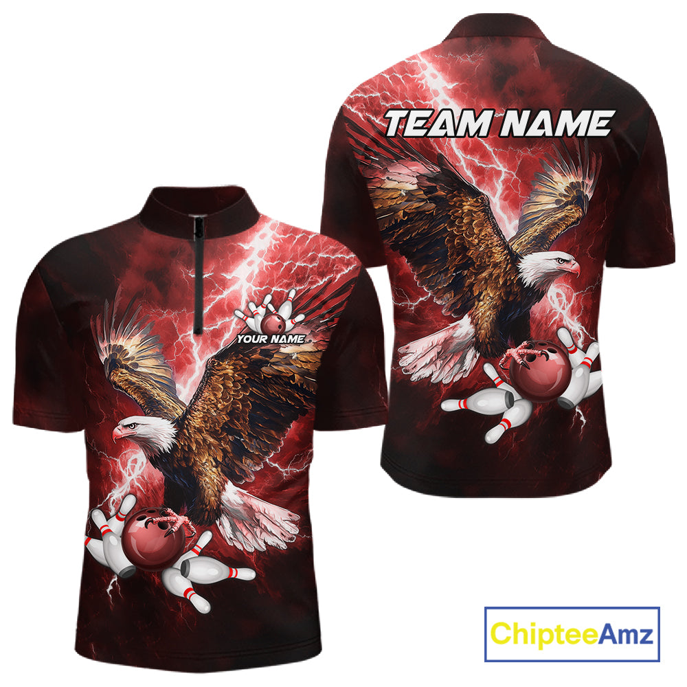 Red Lightning Thunder Custom Eagle Bowling Shirts For Men, Bowling Team Jersey Polo & 1/4 Zip TDM8072