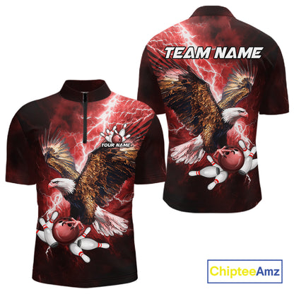 Red Lightning Thunder Custom Eagle Bowling Shirts For Men, Bowling Team Jersey Polo & 1/4 Zip TDM8072
