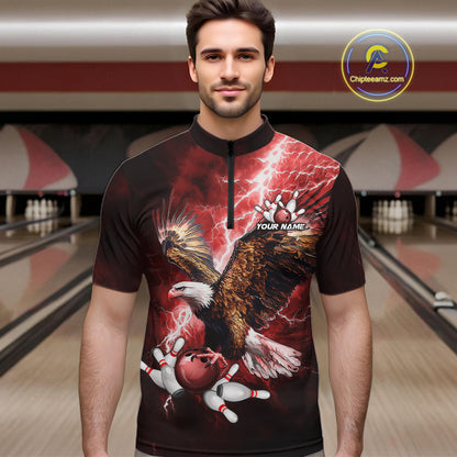 Red Lightning Thunder Custom Eagle Bowling Shirts For Men, Bowling Team Jersey Polo & 1/4 Zip TDM8072