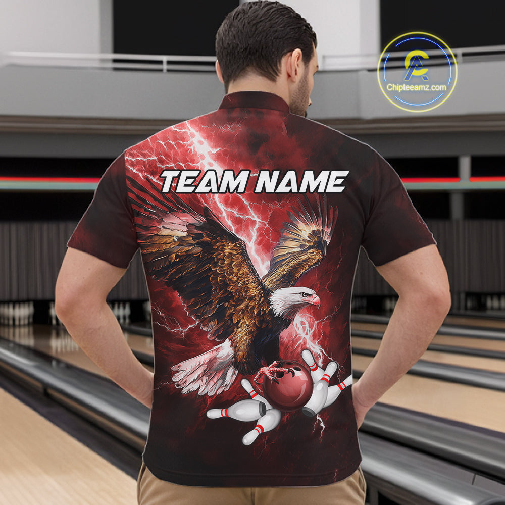 Red Lightning Thunder Custom Eagle Bowling Shirts For Men, Bowling Team Jersey Polo & 1/4 Zip TDM8072