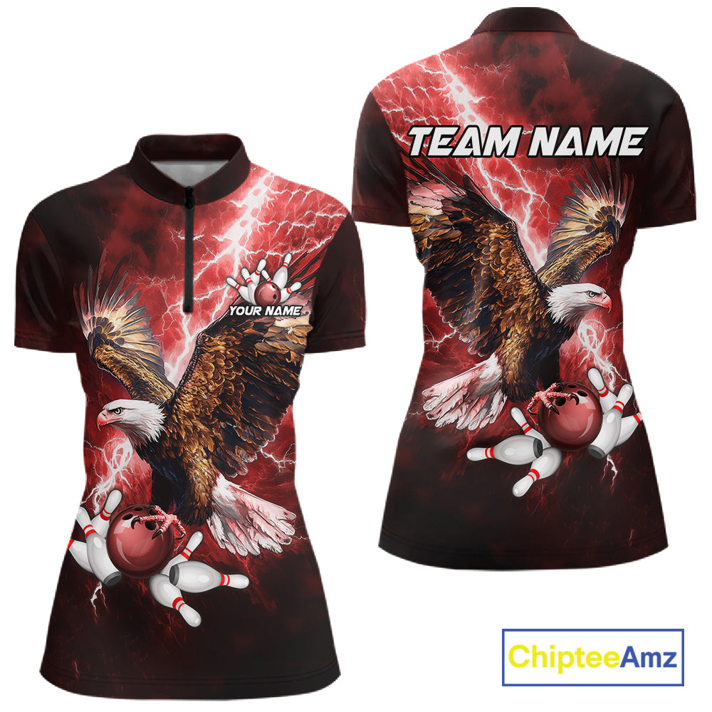 Red Lightning Thunder Custom Eagle Bowling Shirts For Women, Bowling Team Jersey Polo & 1/4 Zip TDM8072