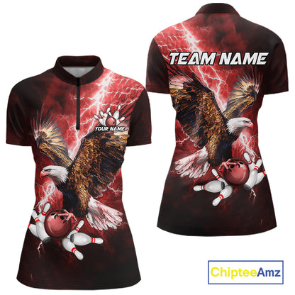 Red Lightning Thunder Custom Eagle Bowling Shirts For Women, Bowling Team Jersey Polo & 1/4 Zip TDM8072