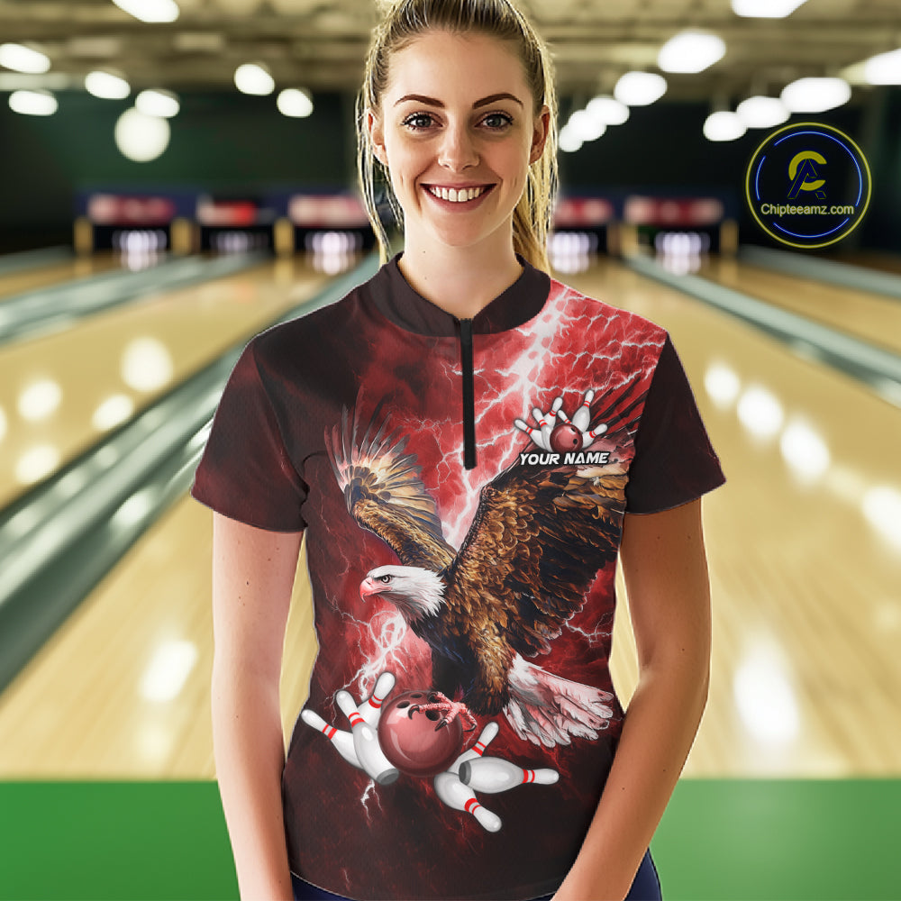 Red Lightning Thunder Custom Eagle Bowling Shirts For Women, Bowling Team Jersey Polo & 1/4 Zip TDM8072
