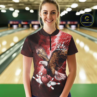 Red Lightning Thunder Custom Eagle Bowling Shirts For Women, Bowling Team Jersey Polo & 1/4 Zip TDM8072