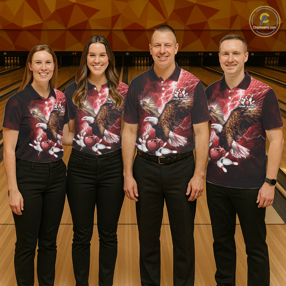 Red Lightning Thunder Custom Eagle Bowling Shirts For Men, Bowling Team Jersey Polo & 1/4 Zip TDM8072