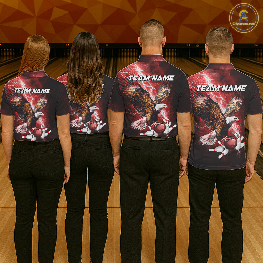 Red Lightning Thunder Custom Eagle Bowling Shirts For Men, Bowling Team Jersey Polo & 1/4 Zip TDM8072