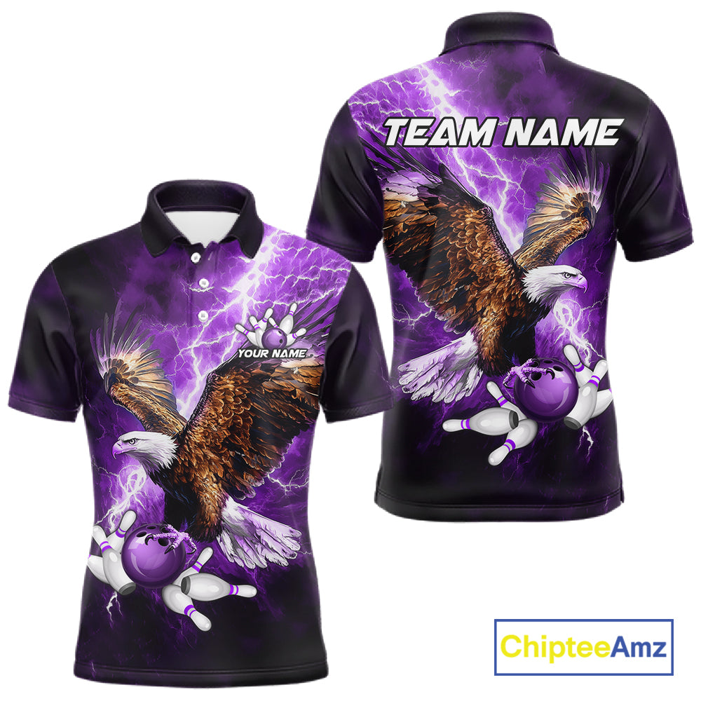Purple Lightning Thunder Custom Eagle Bowling Shirts For Men, Bowling Team Jersey Polo & 1/4 Zip TDM8073