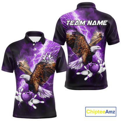 Purple Lightning Thunder Custom Eagle Bowling Shirts For Men, Bowling Team Jersey Polo & 1/4 Zip TDM8073