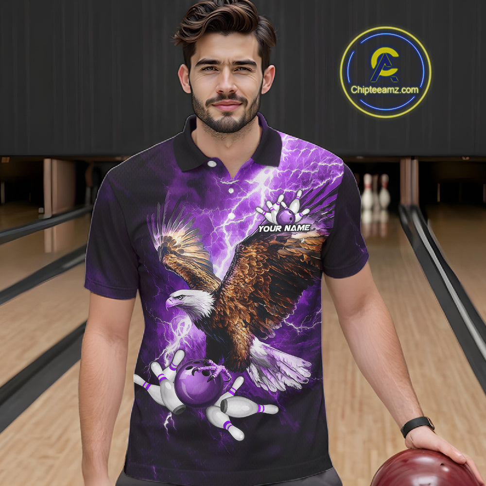 Purple Lightning Thunder Custom Eagle Bowling Shirts For Men, Bowling Team Jersey Polo & 1/4 Zip TDM8073