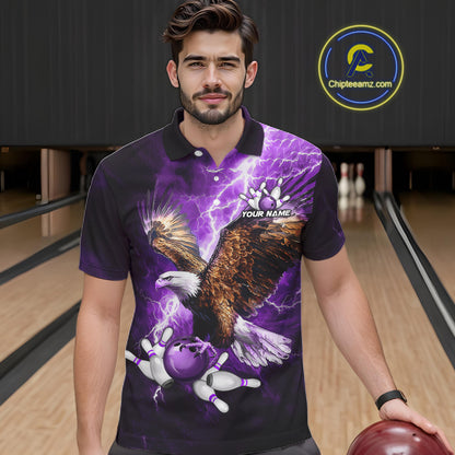 Purple Lightning Thunder Custom Eagle Bowling Shirts For Men, Bowling Team Jersey Polo & 1/4 Zip TDM8073