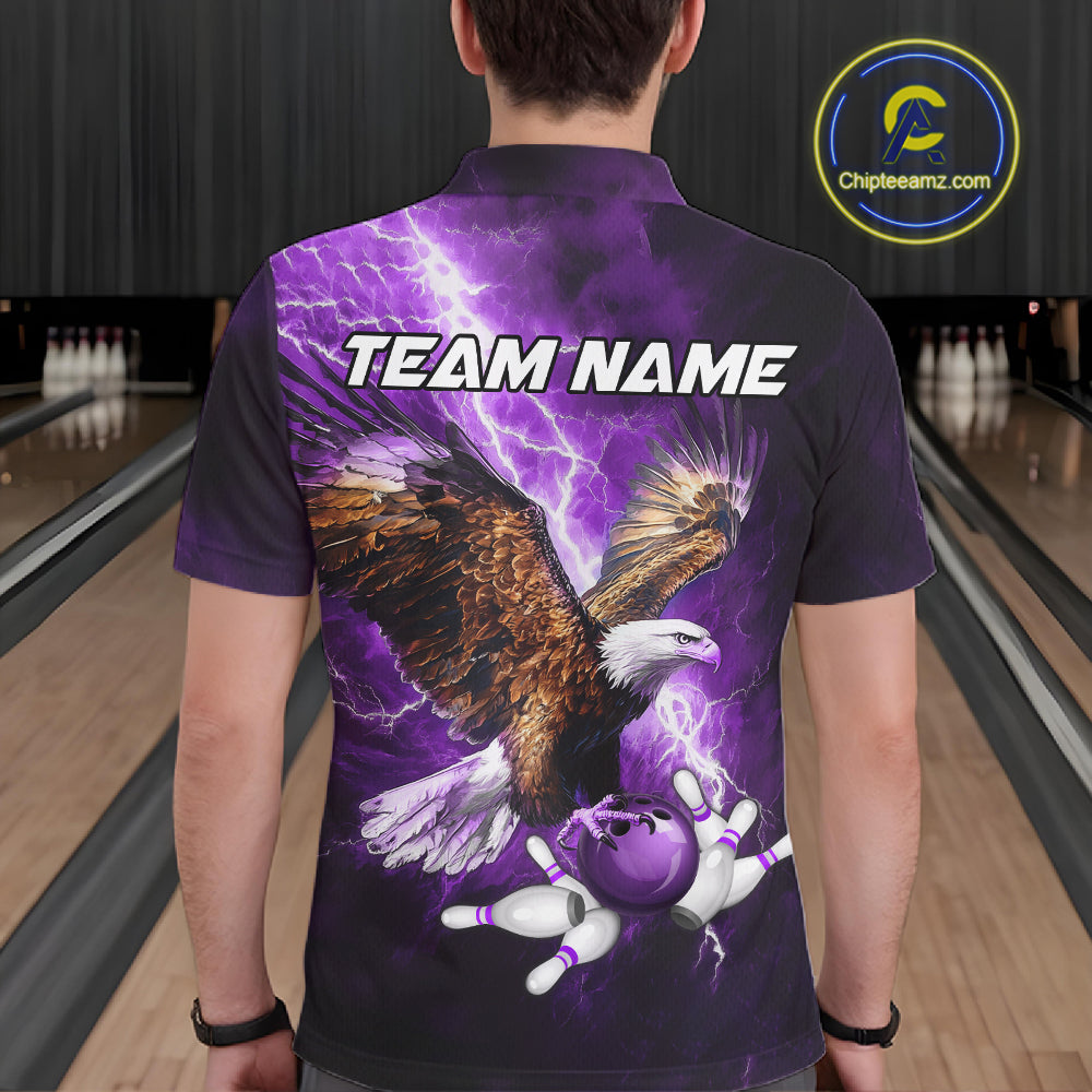 Purple Lightning Thunder Custom Eagle Bowling Shirts For Men, Bowling Team Jersey Polo & 1/4 Zip TDM8073