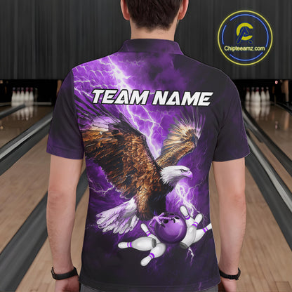 Purple Lightning Thunder Custom Eagle Bowling Shirts For Men, Bowling Team Jersey Polo & 1/4 Zip TDM8073