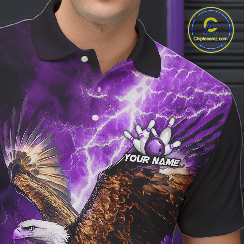 Purple Lightning Thunder Custom Eagle Bowling Shirts For Men, Bowling Team Jersey Polo & 1/4 Zip TDM8073