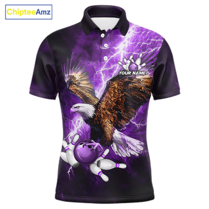 Purple Lightning Thunder Custom Eagle Bowling Shirts For Men, Bowling Team Jersey Polo & 1/4 Zip TDM8073
