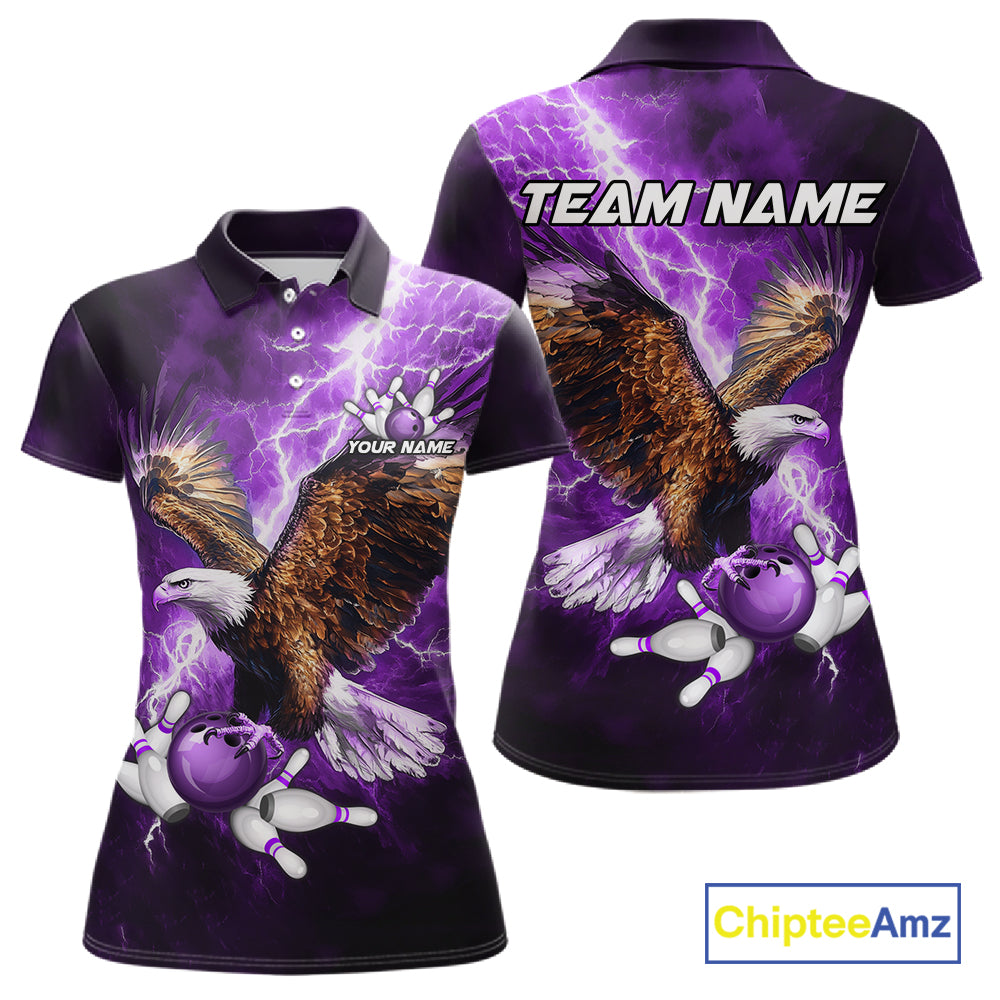 Purple Lightning Thunder Custom Eagle Bowling Shirts For Women, Bowling Team Jersey Polo & 1/4 Zip TDM8073