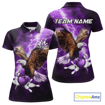 Purple Lightning Thunder Custom Eagle Bowling Shirts For Women, Bowling Team Jersey Polo & 1/4 Zip TDM8073