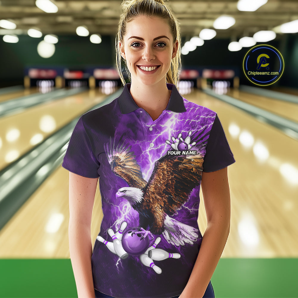 Purple Lightning Thunder Custom Eagle Bowling Shirts For Women, Bowling Team Jersey Polo & 1/4 Zip TDM8073