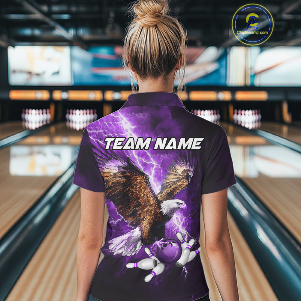 Purple Lightning Thunder Custom Eagle Bowling Shirts For Women, Bowling Team Jersey Polo & 1/4 Zip TDM8073