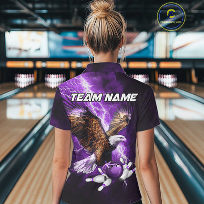 Purple Lightning Thunder Custom Eagle Bowling Shirts For Women, Bowling Team Jersey Polo & 1/4 Zip TDM8073
