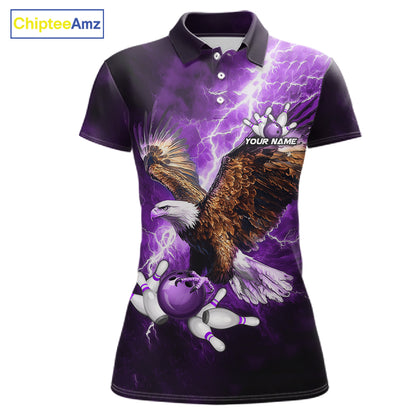 Purple Lightning Thunder Custom Eagle Bowling Shirts For Women, Bowling Team Jersey Polo & 1/4 Zip TDM8073