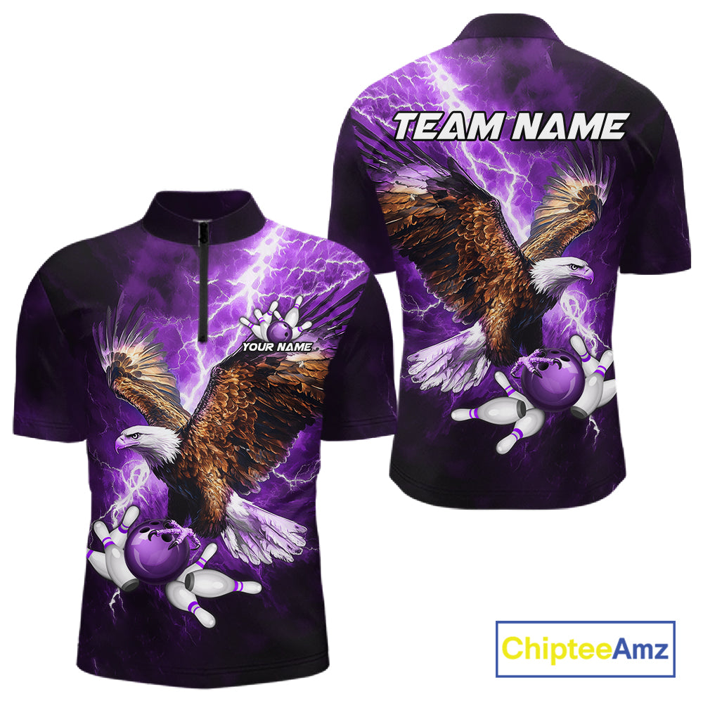 Purple Lightning Thunder Custom Eagle Bowling Shirts For Men, Bowling Team Jersey Polo & 1/4 Zip TDM8073