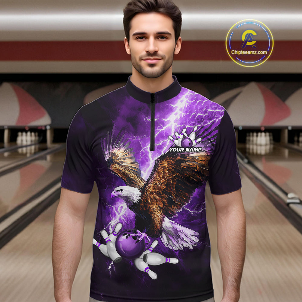 Purple Lightning Thunder Custom Eagle Bowling Shirts For Men, Bowling Team Jersey Polo & 1/4 Zip TDM8073