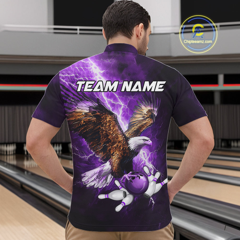 Purple Lightning Thunder Custom Eagle Bowling Shirts For Men, Bowling Team Jersey Polo & 1/4 Zip TDM8073