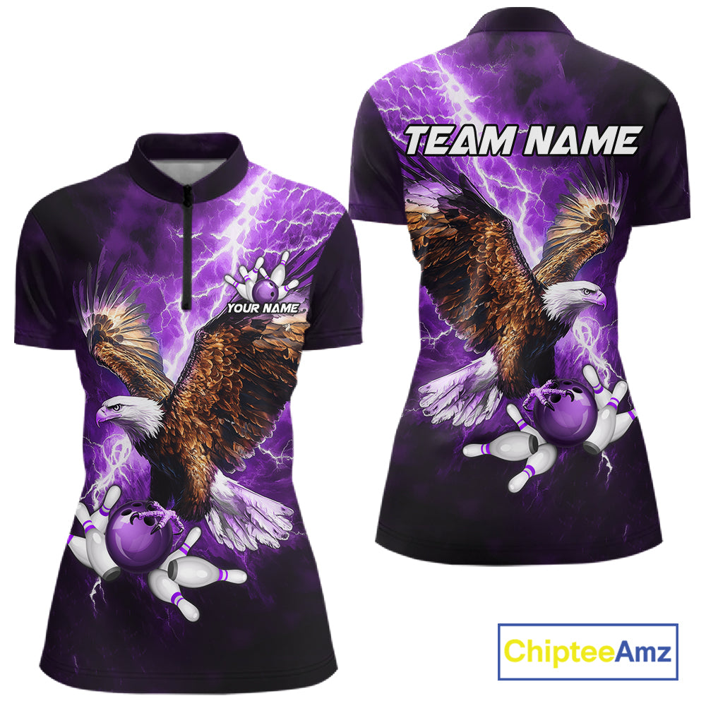 Purple Lightning Thunder Custom Eagle Bowling Shirts For Women, Bowling Team Jersey Polo & 1/4 Zip TDM8073