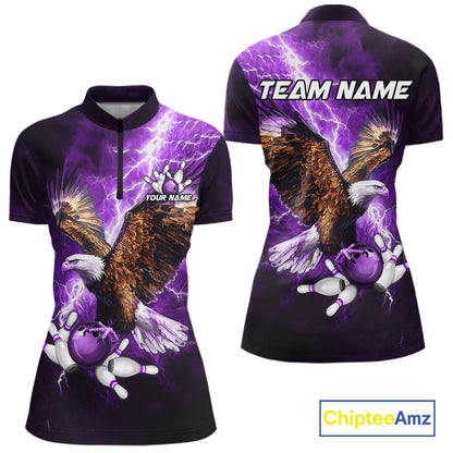 Purple Lightning Thunder Custom Eagle Bowling Shirts For Women, Bowling Team Jersey Polo & 1/4 Zip TDM8073