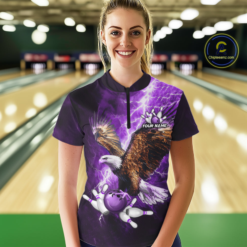 Purple Lightning Thunder Custom Eagle Bowling Shirts For Women, Bowling Team Jersey Polo & 1/4 Zip TDM8073