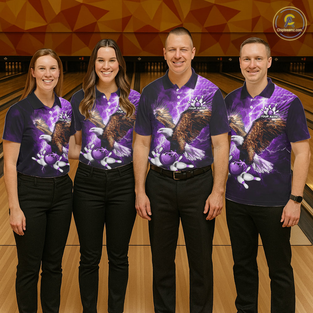 Purple Lightning Thunder Custom Eagle Bowling Shirts For Women, Bowling Team Jersey Polo & 1/4 Zip TDM8073
