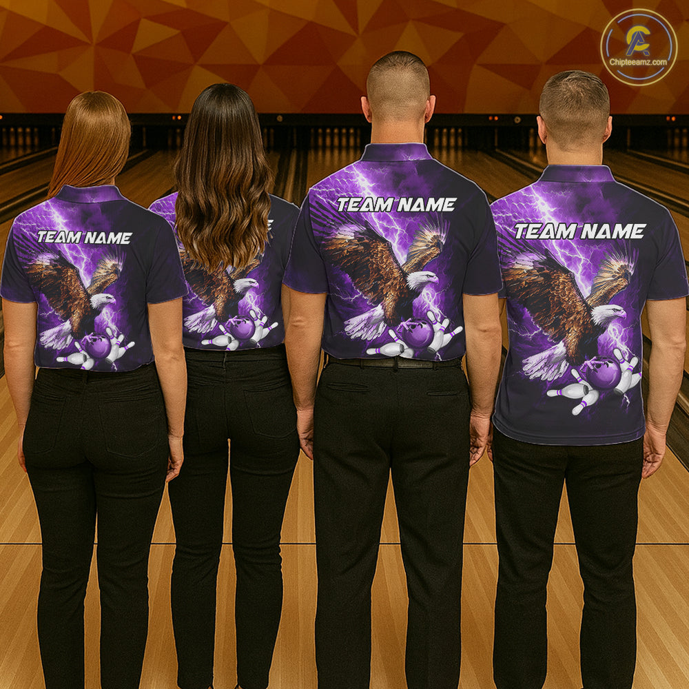 Purple Lightning Thunder Custom Eagle Bowling Shirts For Women, Bowling Team Jersey Polo & 1/4 Zip TDM8073