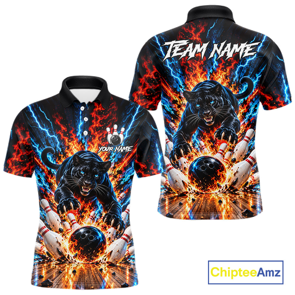 Flame And Lightning Custom Panther Bowling Shirts For Men, Bowling Team Jersey Polo & 1/4 Zip TDM8080