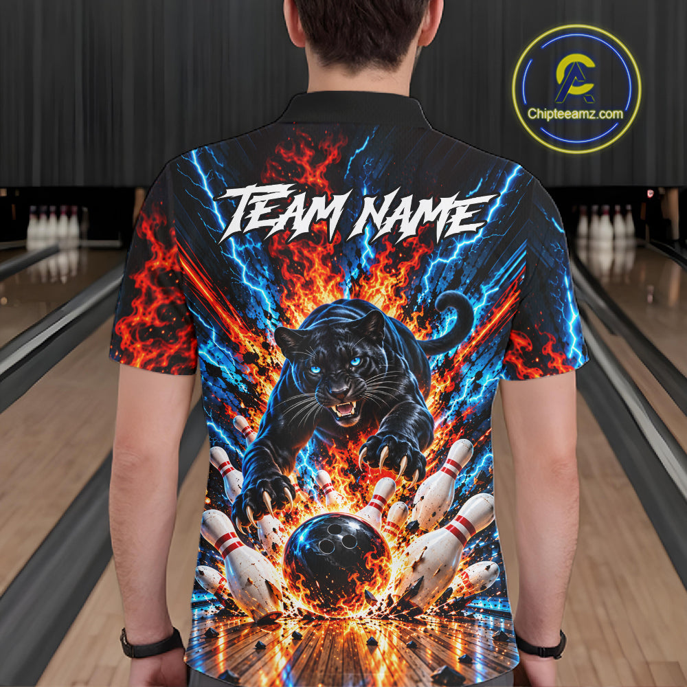 Flame And Lightning Custom Panther Bowling Shirts For Men, Bowling Team Jersey Polo & 1/4 Zip TDM8080