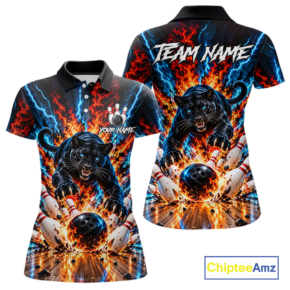 Flame And Lightning Custom Panther Bowling Shirts For Women, Bowling Team Jersey Polo & 1/4 Zip TDM8080