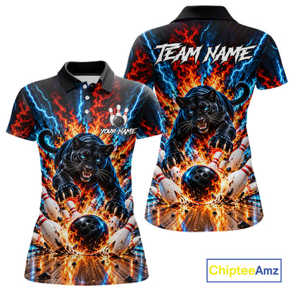 Flame And Lightning Custom Panther Bowling Shirts For Women, Bowling Team Jersey Polo & 1/4 Zip TDM8080